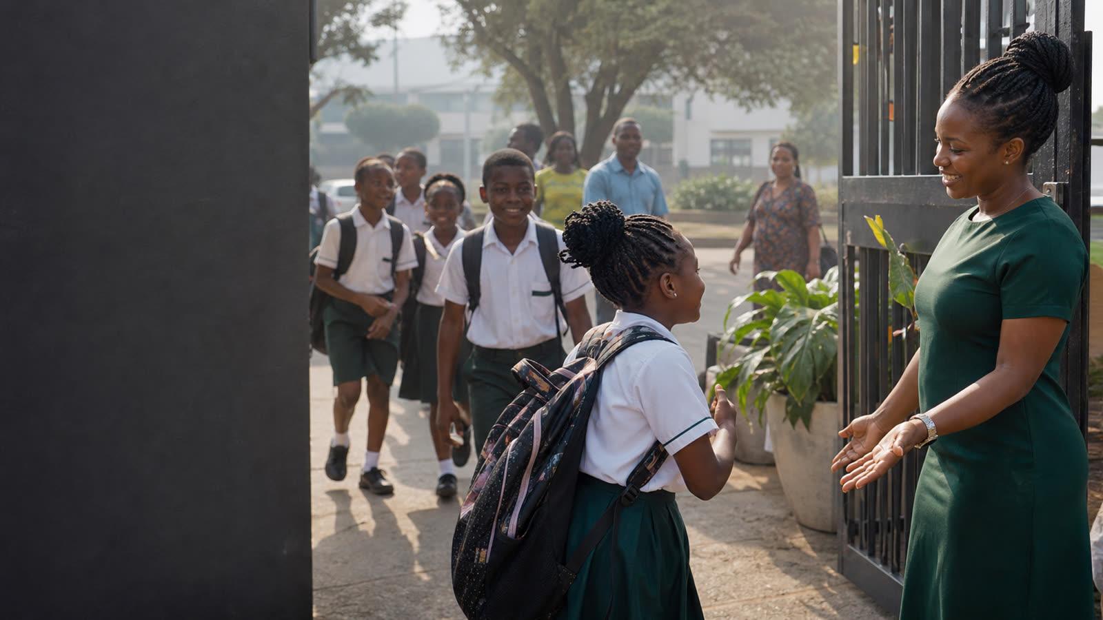 A teacher welcomes pupils at the school gate