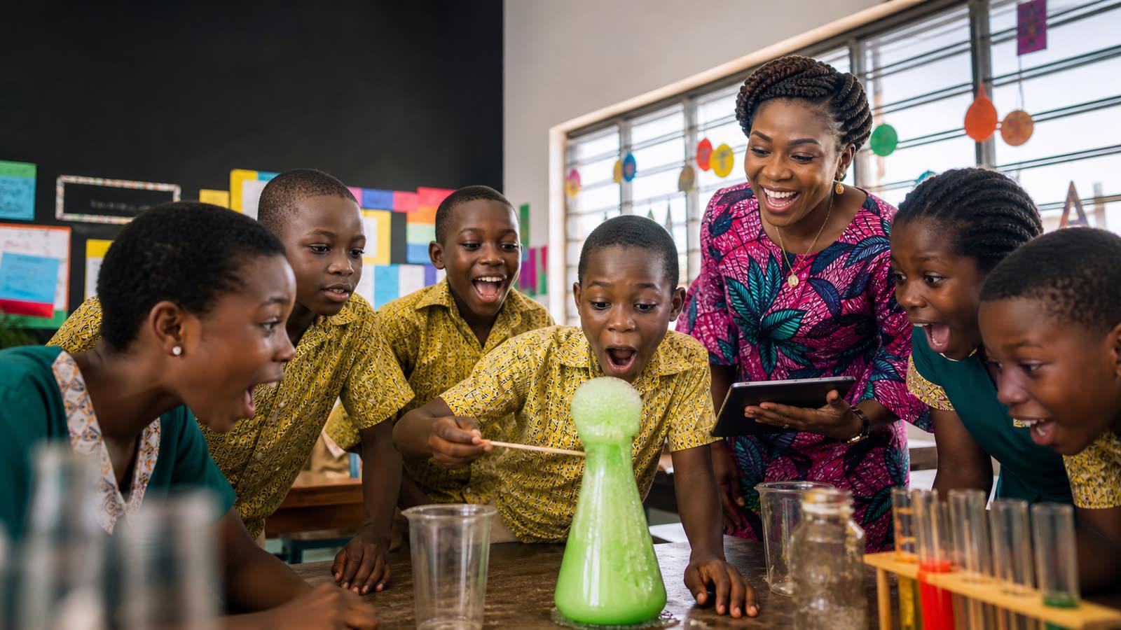 A teacher and pupils sharing the excitement of learning together